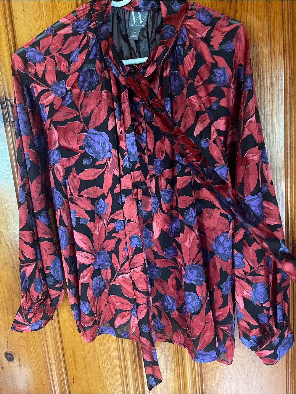 Worthington Red and Purple Floral Tie-Neck Blouse